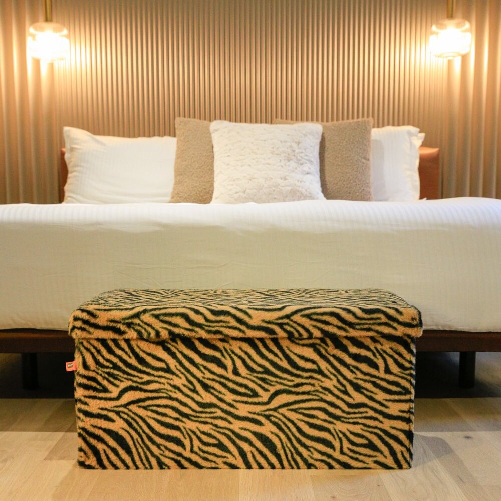 Go-Poufs Knock-Down Rectangular Faux Fur Storage Ottoman | Tiger Tan/White - Picture 7 of 8